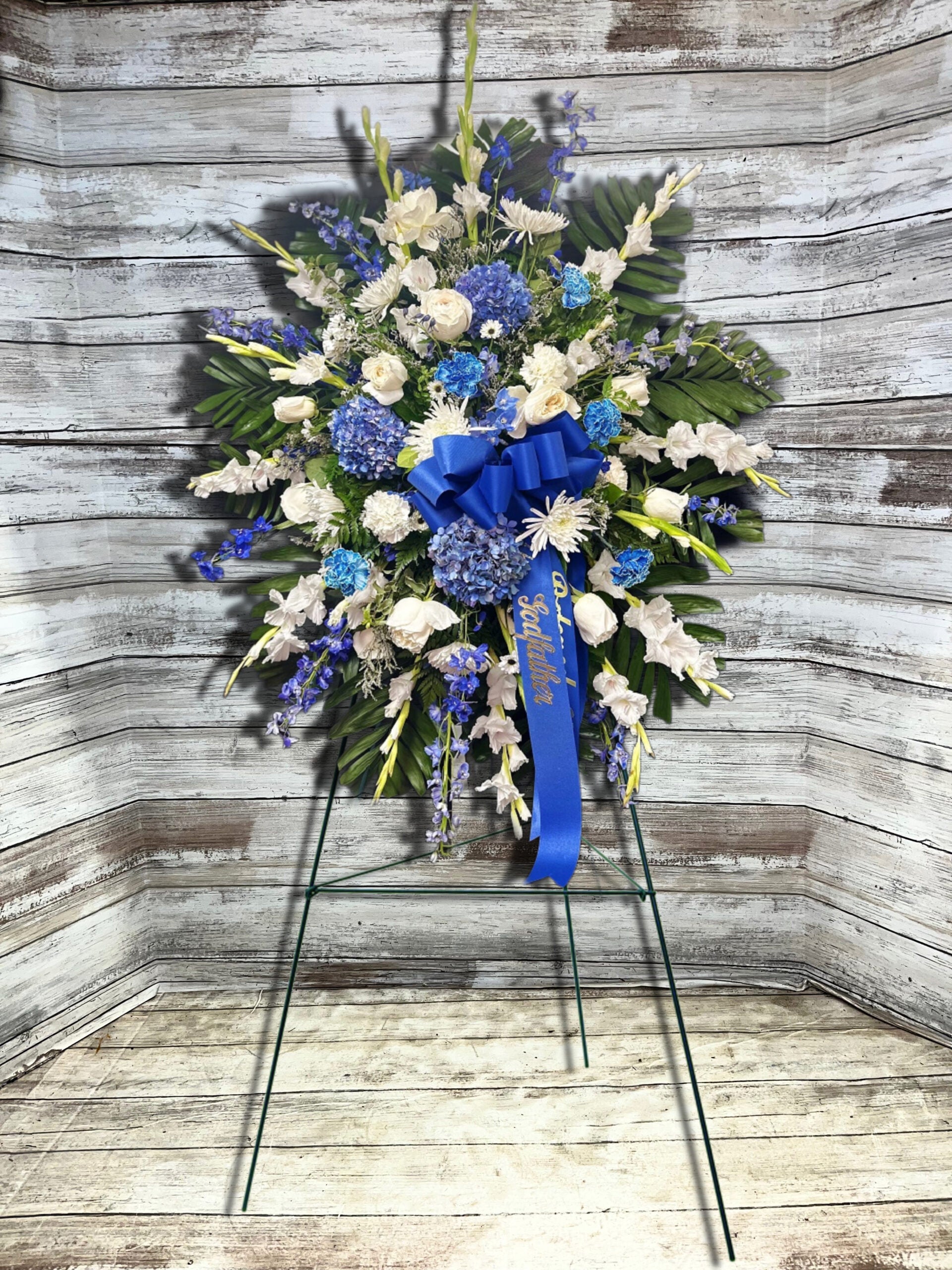 Blue & White Standing Spray  (may need 24HR notice call & ask)